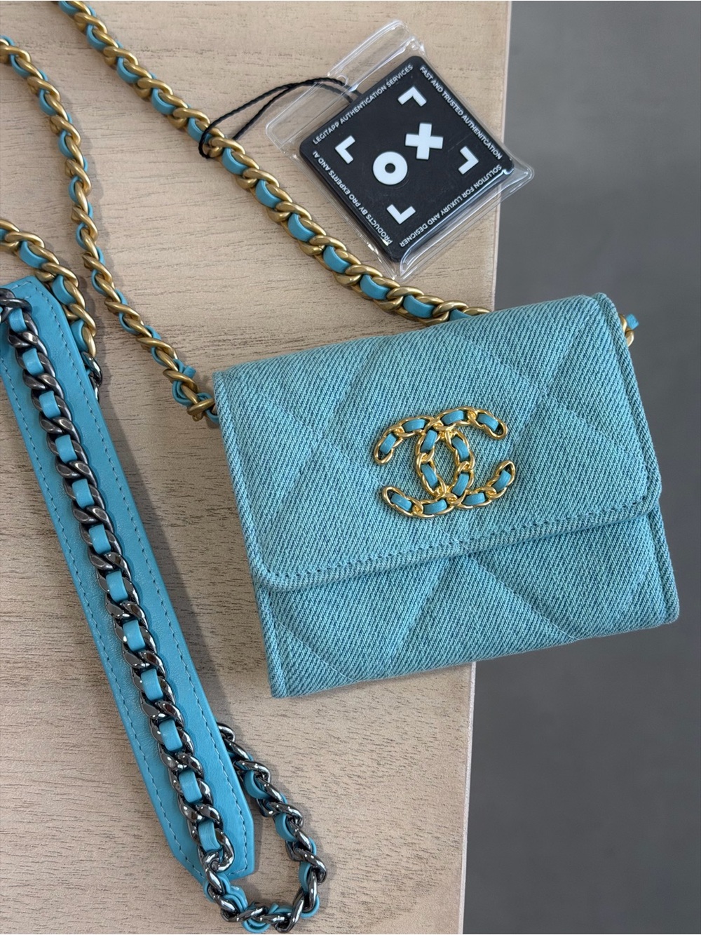 CHANEL Quilted Denim 19 Card Holder with Chain